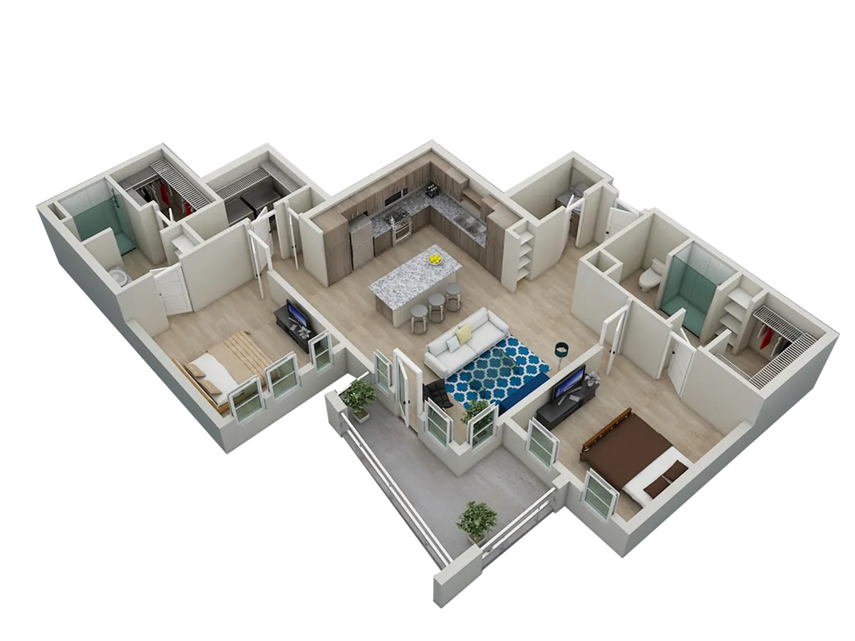 Spacious 3D floor plan featuring 3 bedrooms, open-concept kitchen with island, cozy living space, and stylish bathrooms.