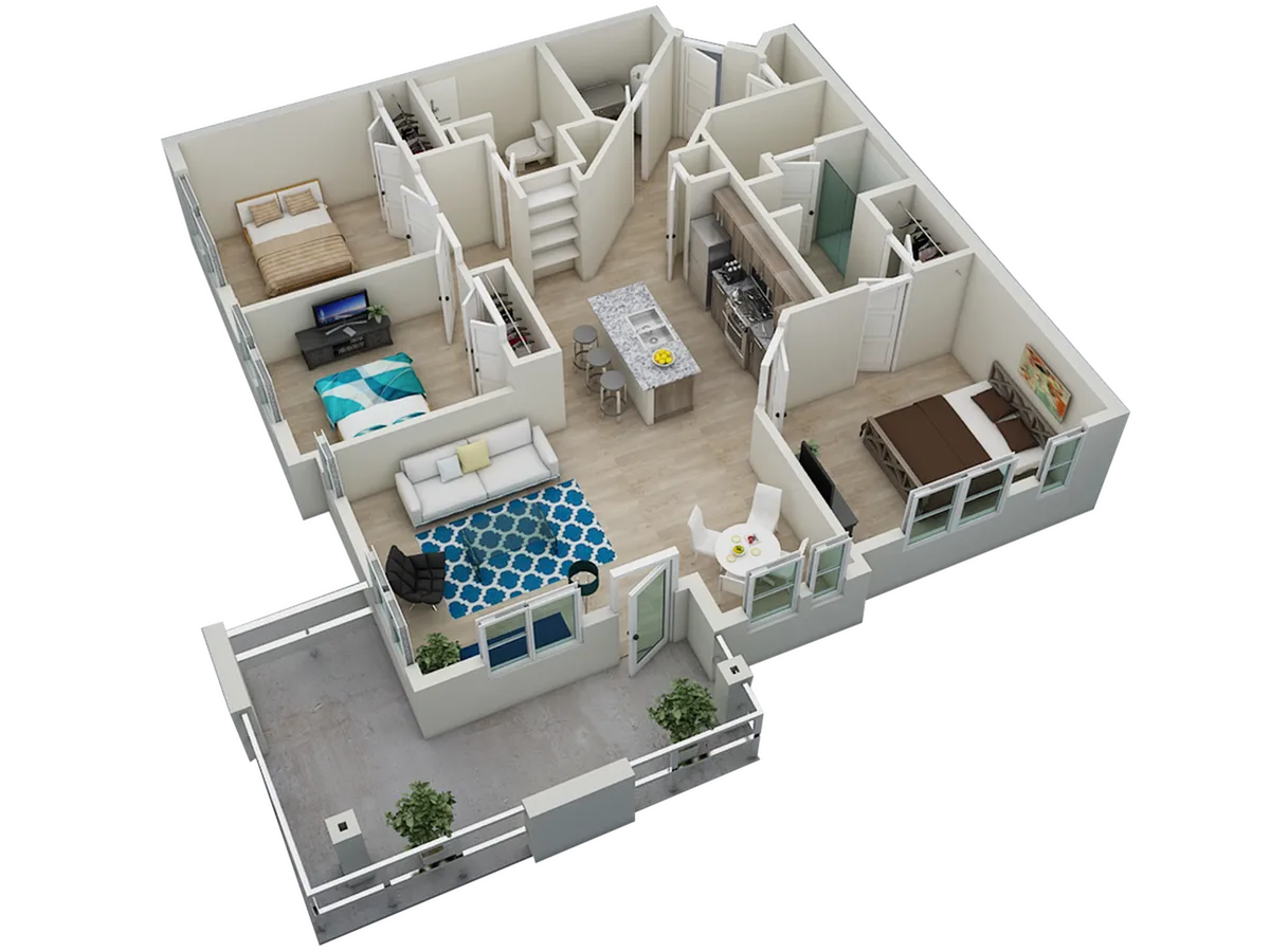 Modern 3D floor plan showcasing two bedrooms, a stylish open-concept living and dining area, sleek kitchen design, and a spacious balcony.