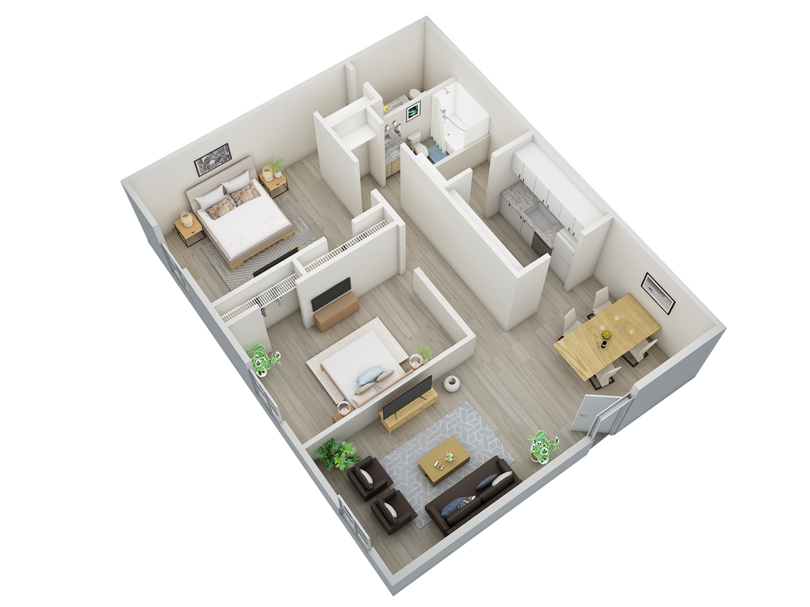 Modern and spacious 2D floor plan showcasing 2 bedrooms, a sleek kitchen, cozy living room, and inviting dining area.