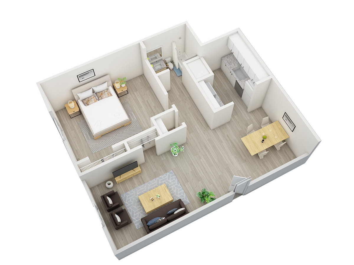 Elegant 3D floor plan showcasing a cozy one-bedroom apartment with a spacious open-concept living and dining area, modern kitchen, and stylish bathroom.