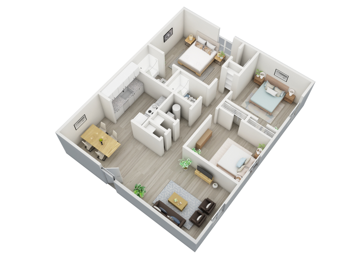 Elegant 3D floor plan showcasing 3 spacious bedrooms, an open living area, modern kitchen, and dining space. Ideal for comfortable family living.