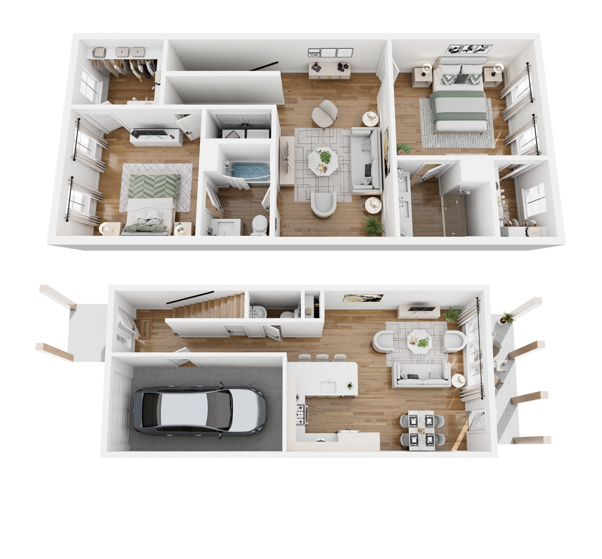 Chic multi-level floor plan featuring 3 bedrooms, stylish living and dining areas, modern kitchen, and integrated garage layout.