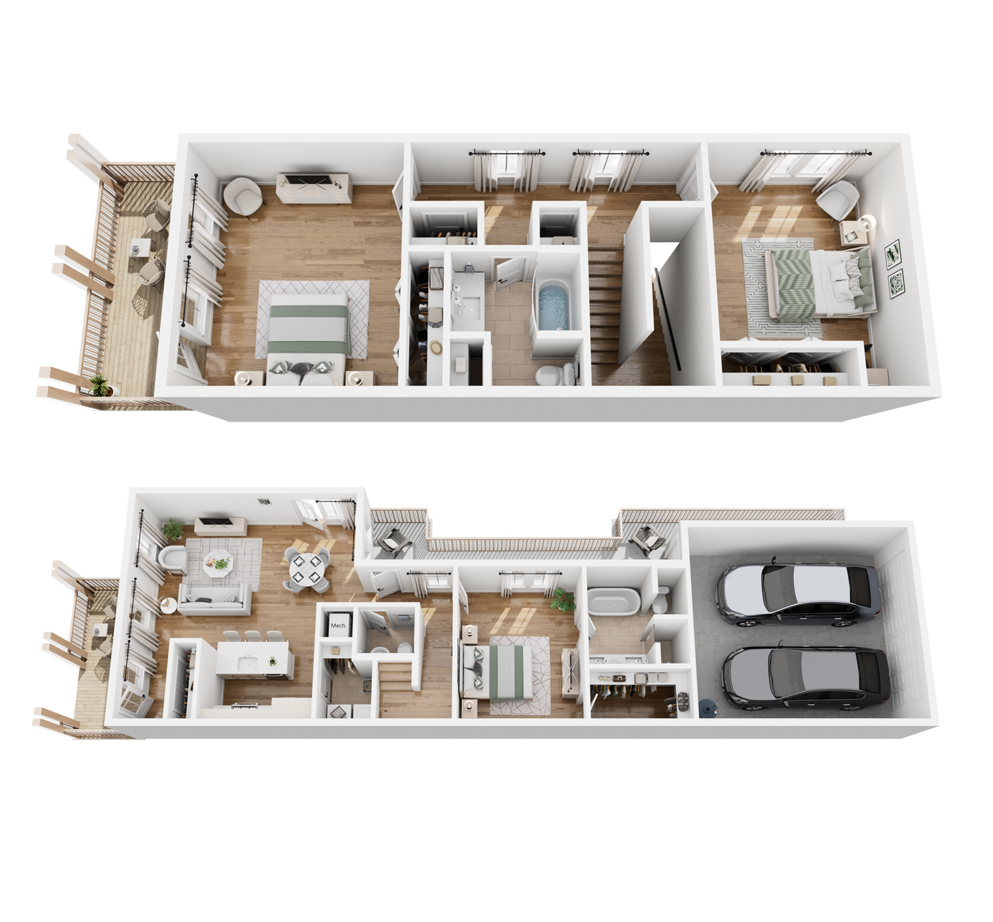 Elegant 3D floor plan illustrating a modern two-story apartment with 3 bedrooms, 3 bathrooms, a spacious open-concept kitchen and living area, and a 2-car garage.