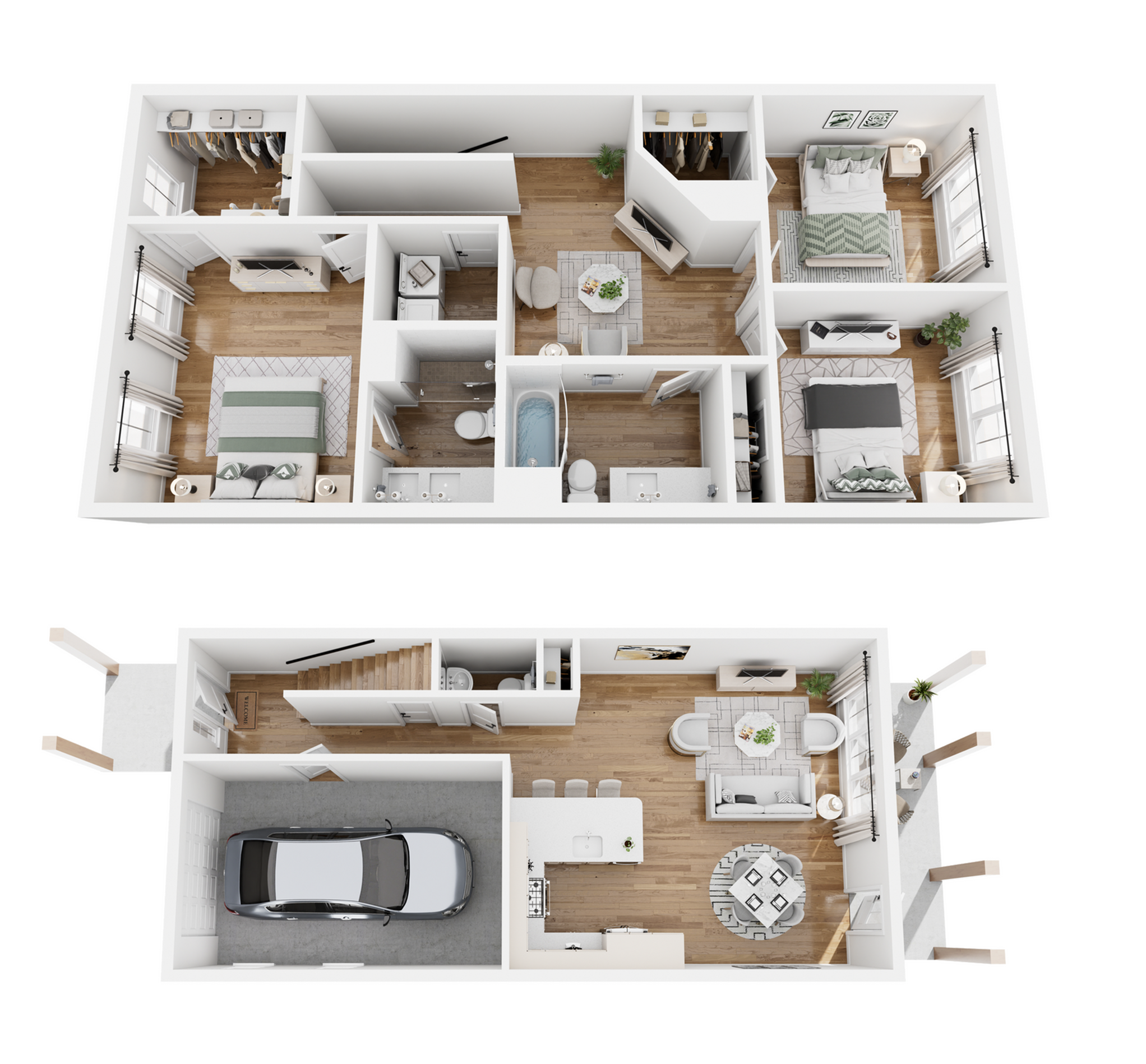 Modern two-story floor plan showcasing three bedrooms, an open living area, spacious kitchen, and an integrated garage.