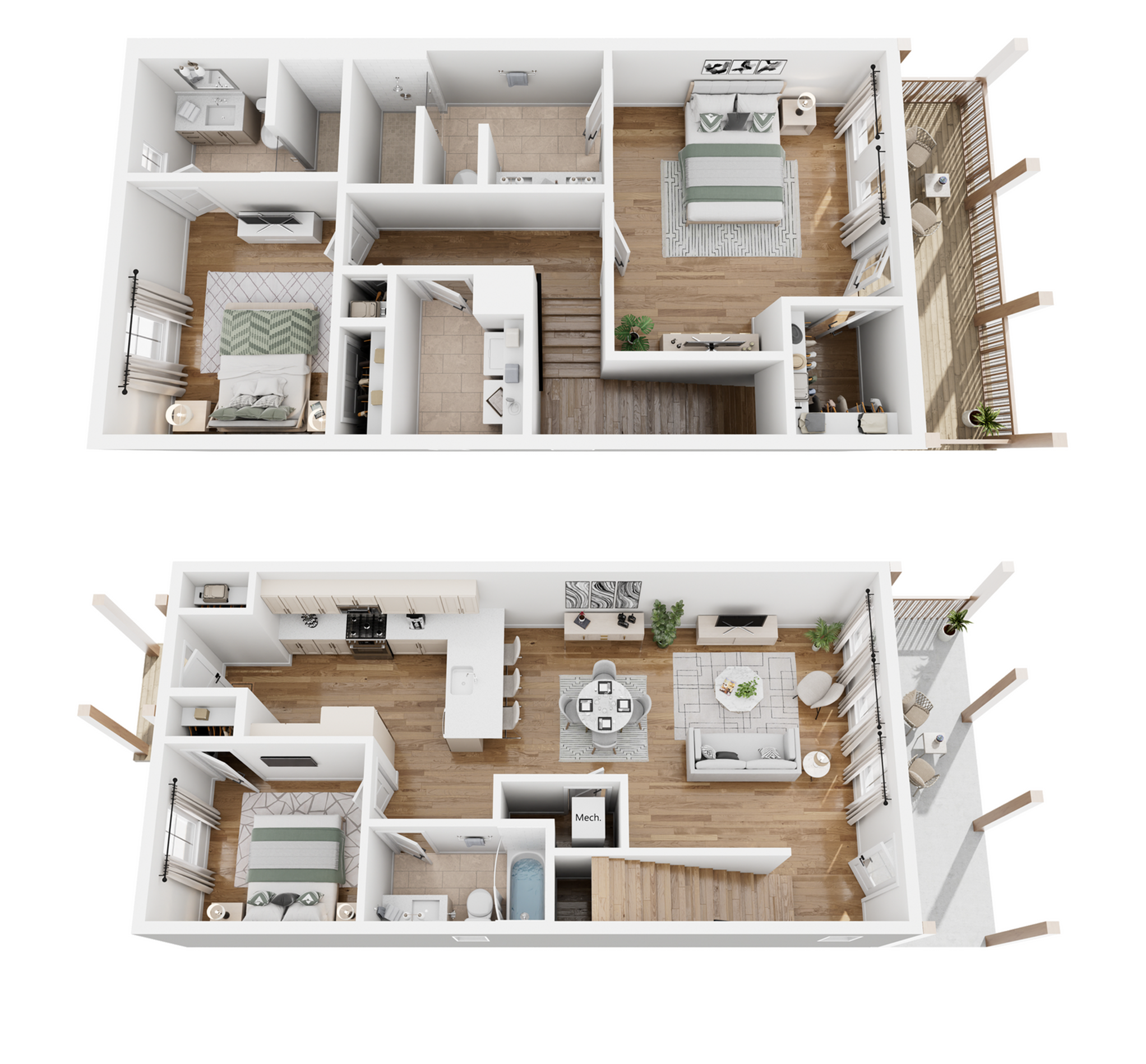 Elegant 3D floor plan showcasing two-story layout with 3 bedrooms, modern kitchen, open-concept living room, and spacious balconies.