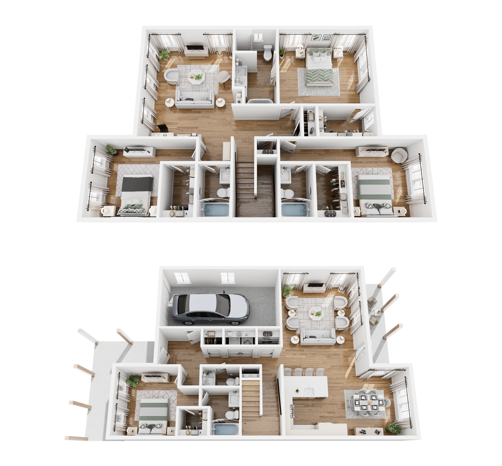 Elegant 3D floor plan featuring a modern two-story layout with 3 bedrooms, a spacious open-concept living and dining area, and a convenient attached garage.