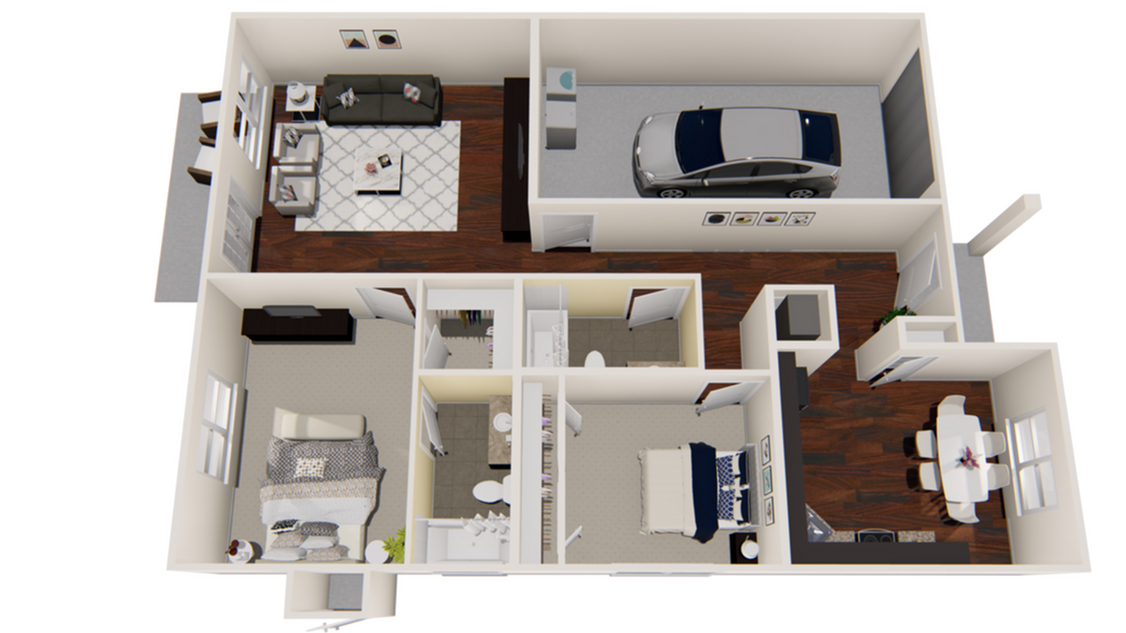 Modern 3D floor plan showcasing a cozy apartment with two bedrooms, a spacious living room, integrated kitchen, and a single-car garage, featuring elegant wood flooring and stylish decor.