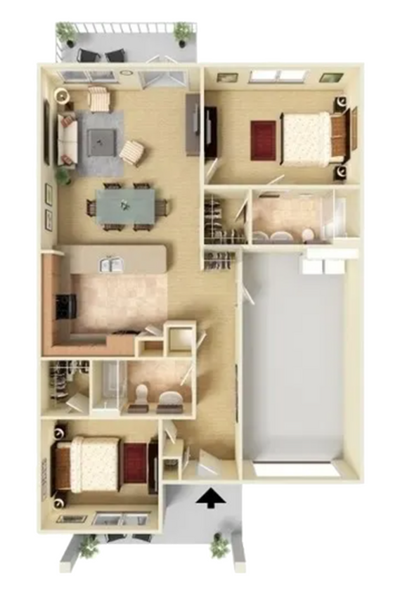 Charming 3D floor plan featuring 2 cozy bedrooms, a spacious living area, modern kitchen, and an inviting balcony.