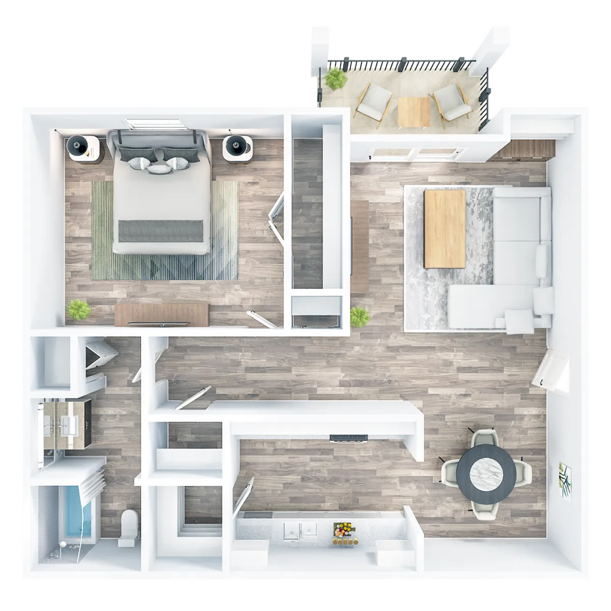 Modern one-bedroom apartment floor plan with open living and dining area, stylish kitchen, cozy balcony, and elegant bathroom.