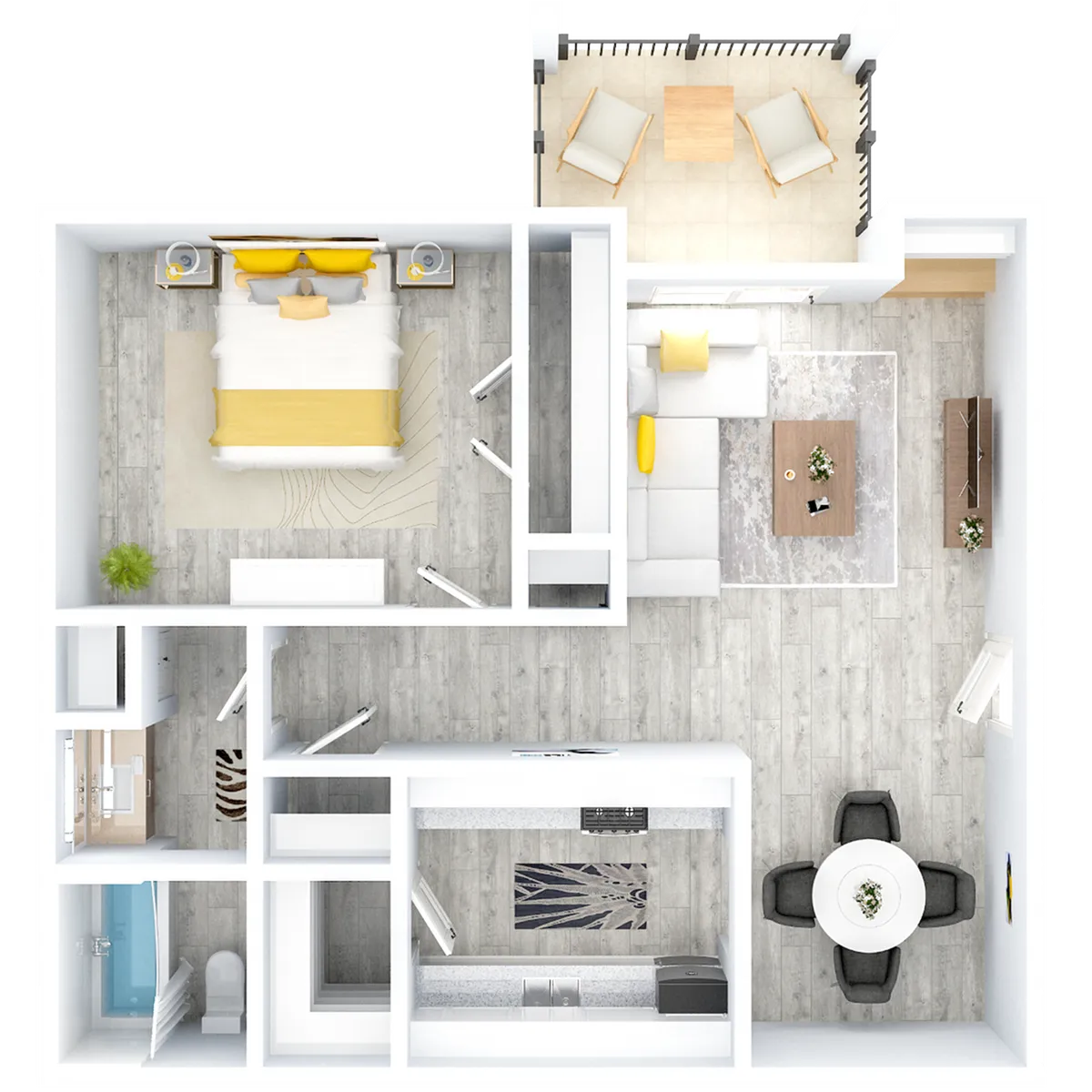 Chic 1-bedroom apartment floor plan featuring an open-concept living room, elegant kitchen, and cozy balcony with seating.