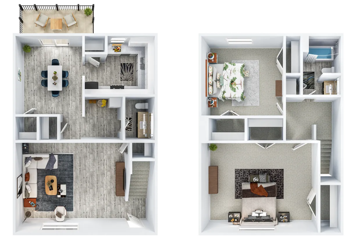 Charming two-story apartment floor plan featuring a spacious living area, modern kitchen, three cozy bedrooms, and a private balcony.