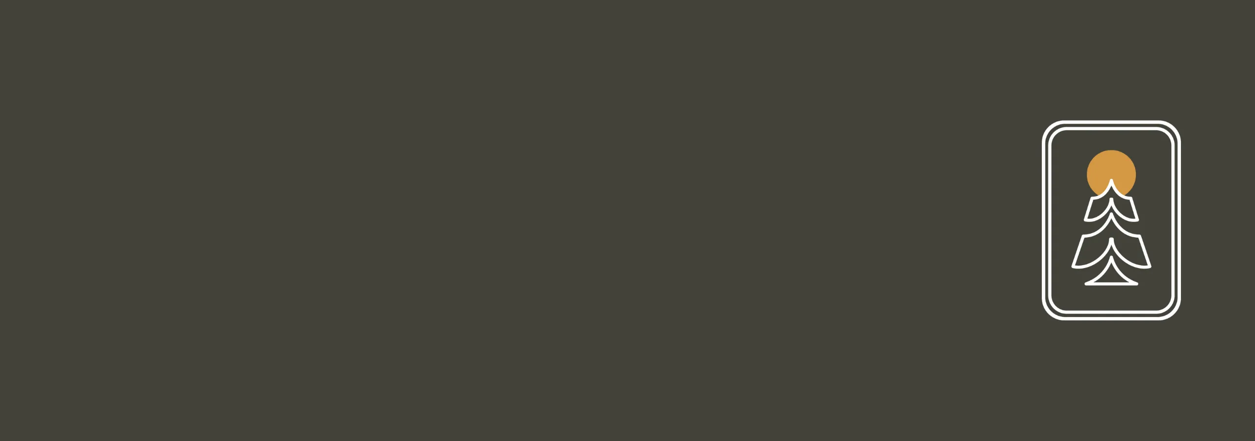 Minimalistic logo design featuring a stylized tree and sun, set against a dark background.
