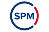 Modern logo design featuring bold SPM letters encircled with dynamic red and blue accents.
