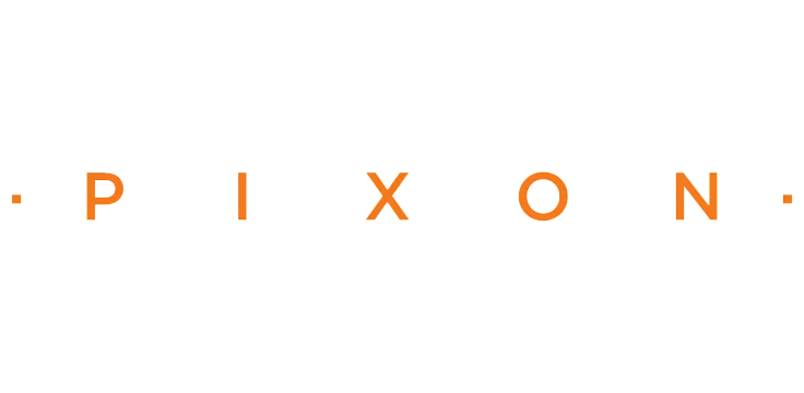 Vibrant Pixon logo featuring bold, modern typography in striking orange letters.