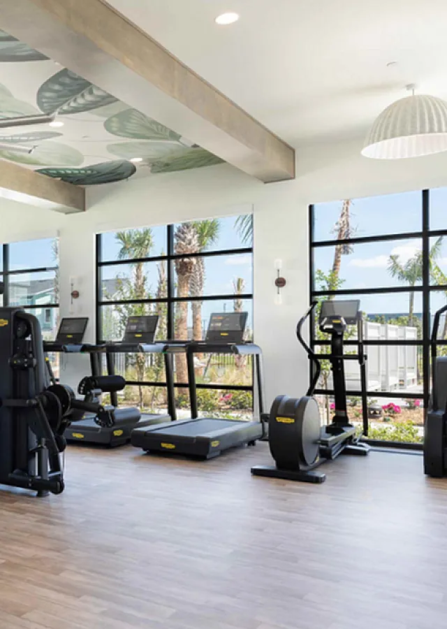 Bright, modern fitness center with state-of-the-art equipment and scenic views through large windows.