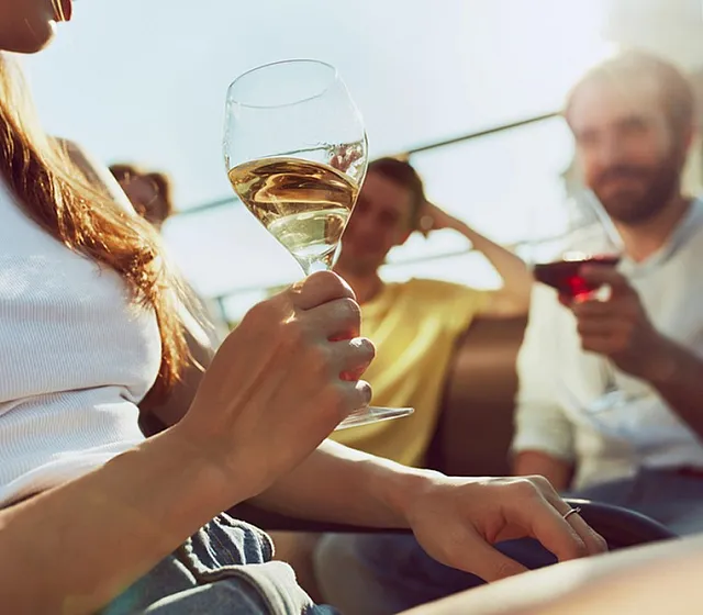Vibrant social gathering on a sunlit patio with people enjoying wine and relaxing ambiance.