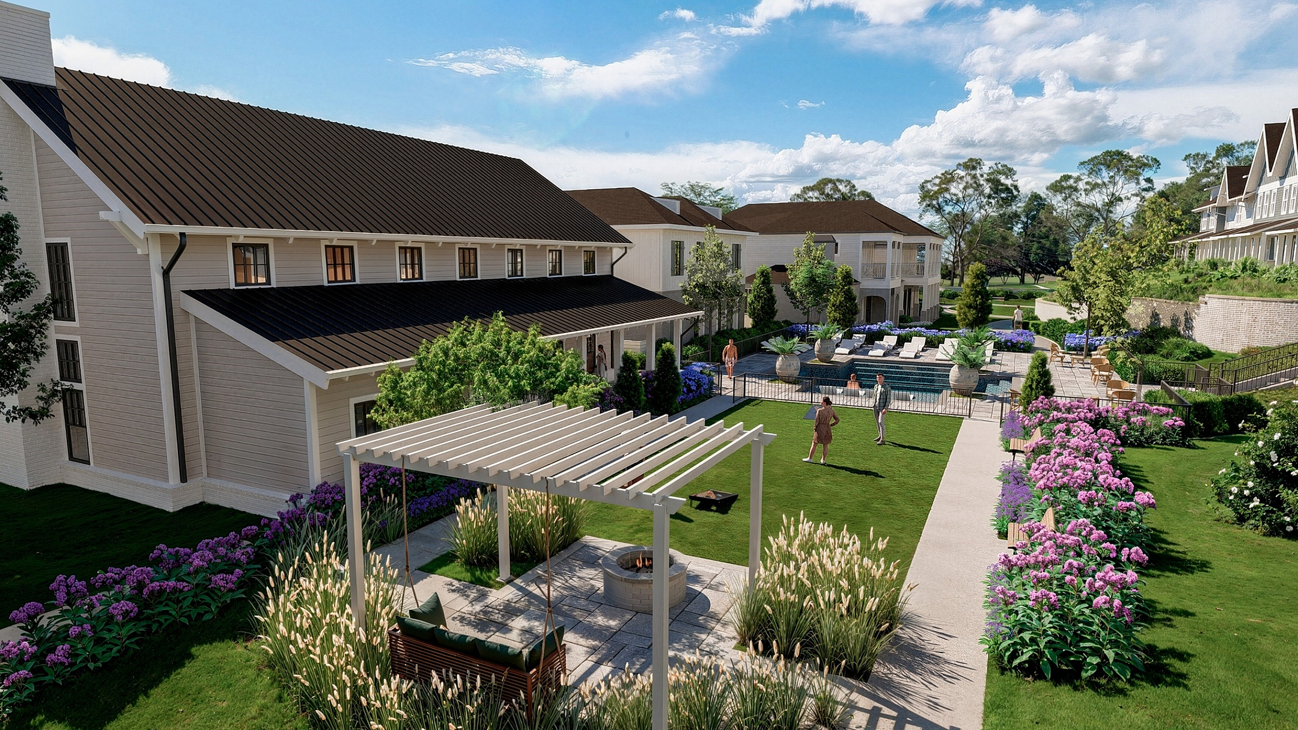 Luxurious apartment complex featuring a serene garden walk, elegant pergola with swing, and an inviting pool area surrounded by vibrant flowers.