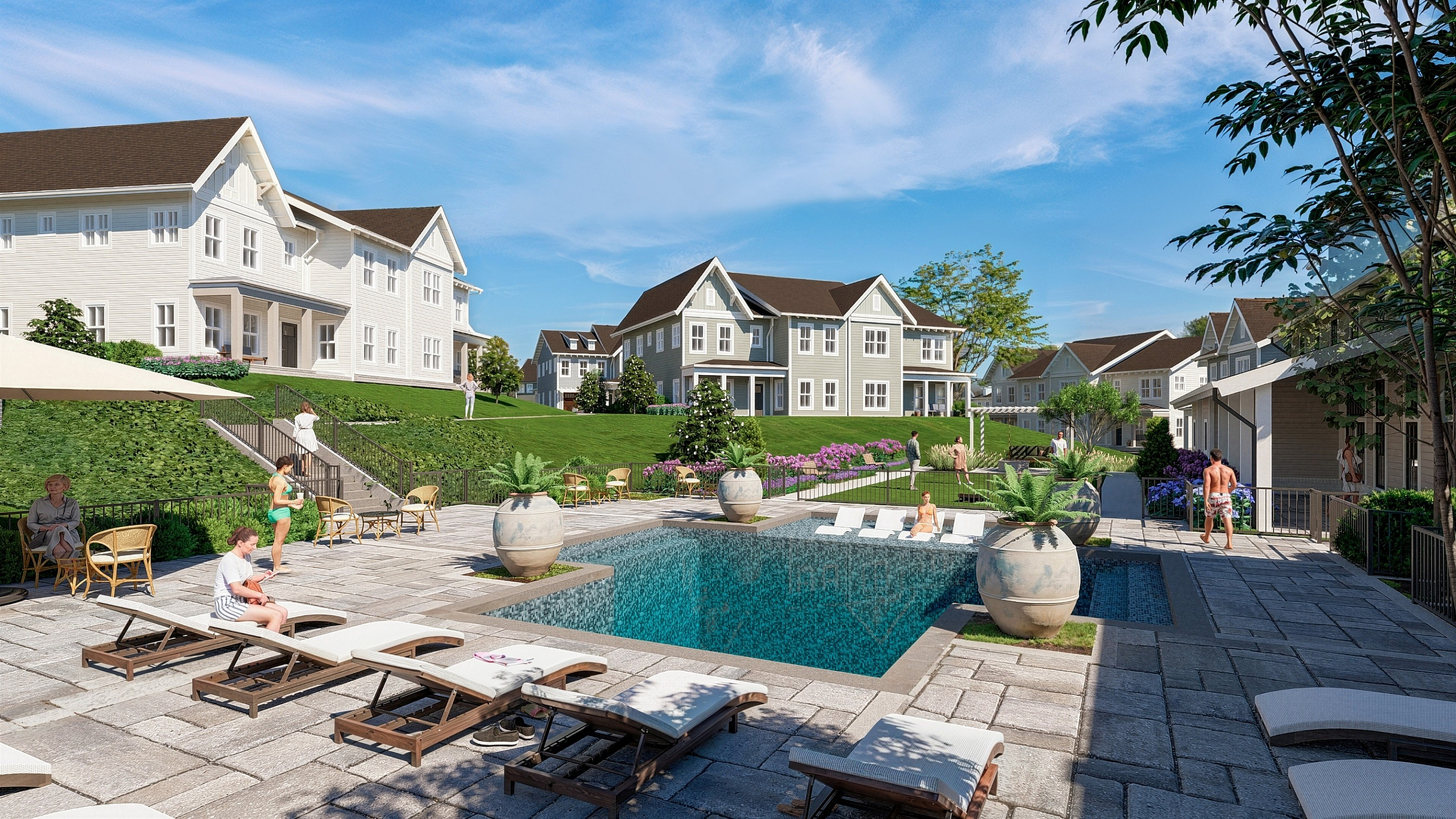Luxurious residential complex with elegant townhouses and a sparkling community pool surrounded by lush greenery and inviting lounge chairs.