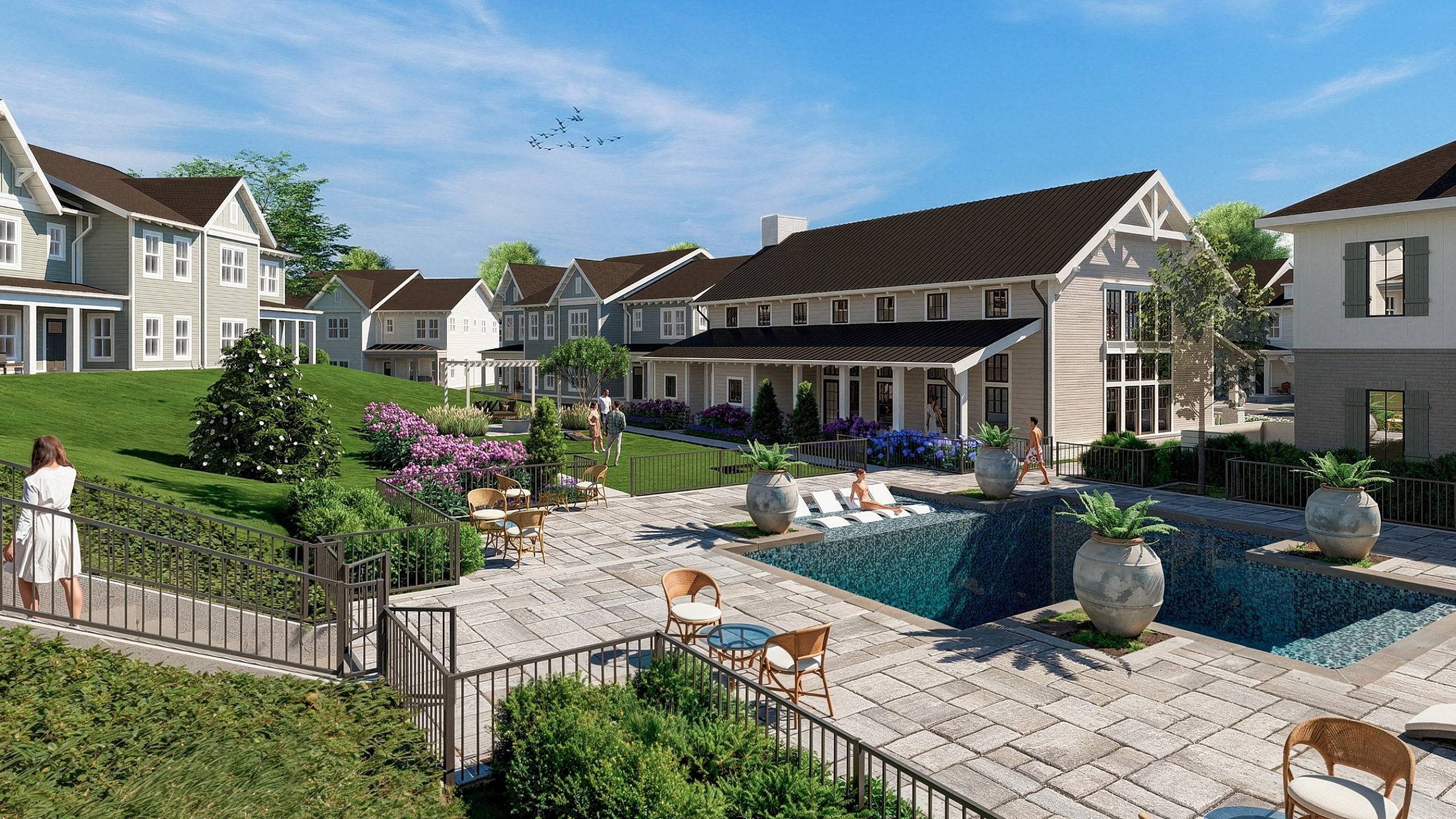 Charming apartment complex with modern architecture, lush landscaping, and inviting pool area, perfect for relaxation and social gatherings.
