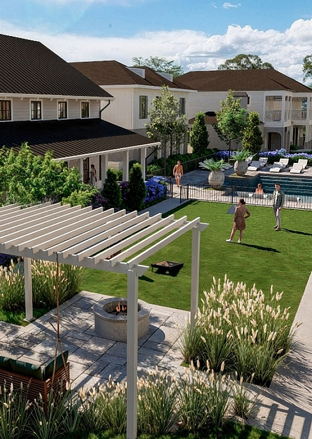 Charming residential complex featuring scenic landscaping, a modern pergola with a fire pit, and a luxurious pool area surrounded by vibrant gardens.