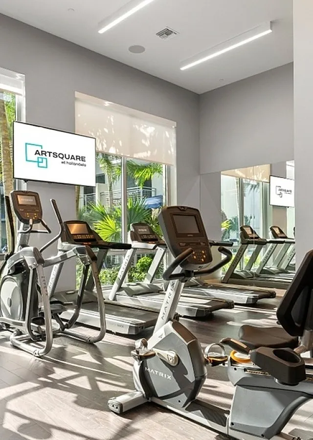 Modern gym with large windows, featuring state-of-the-art exercise machines and a bright, airy ambiance.