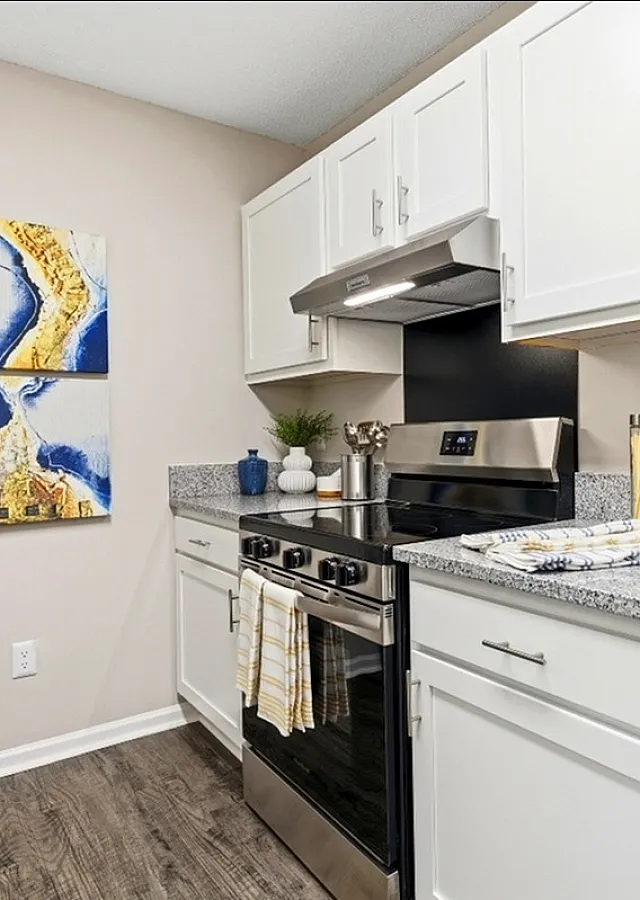 Chic kitchen with modern stainless steel appliances, elegant granite countertops, and stylish abstract wall art.