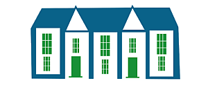 Charming townhouse row graphic with vibrant blue roofs and elegant green windows, exuding a classic suburban appeal.