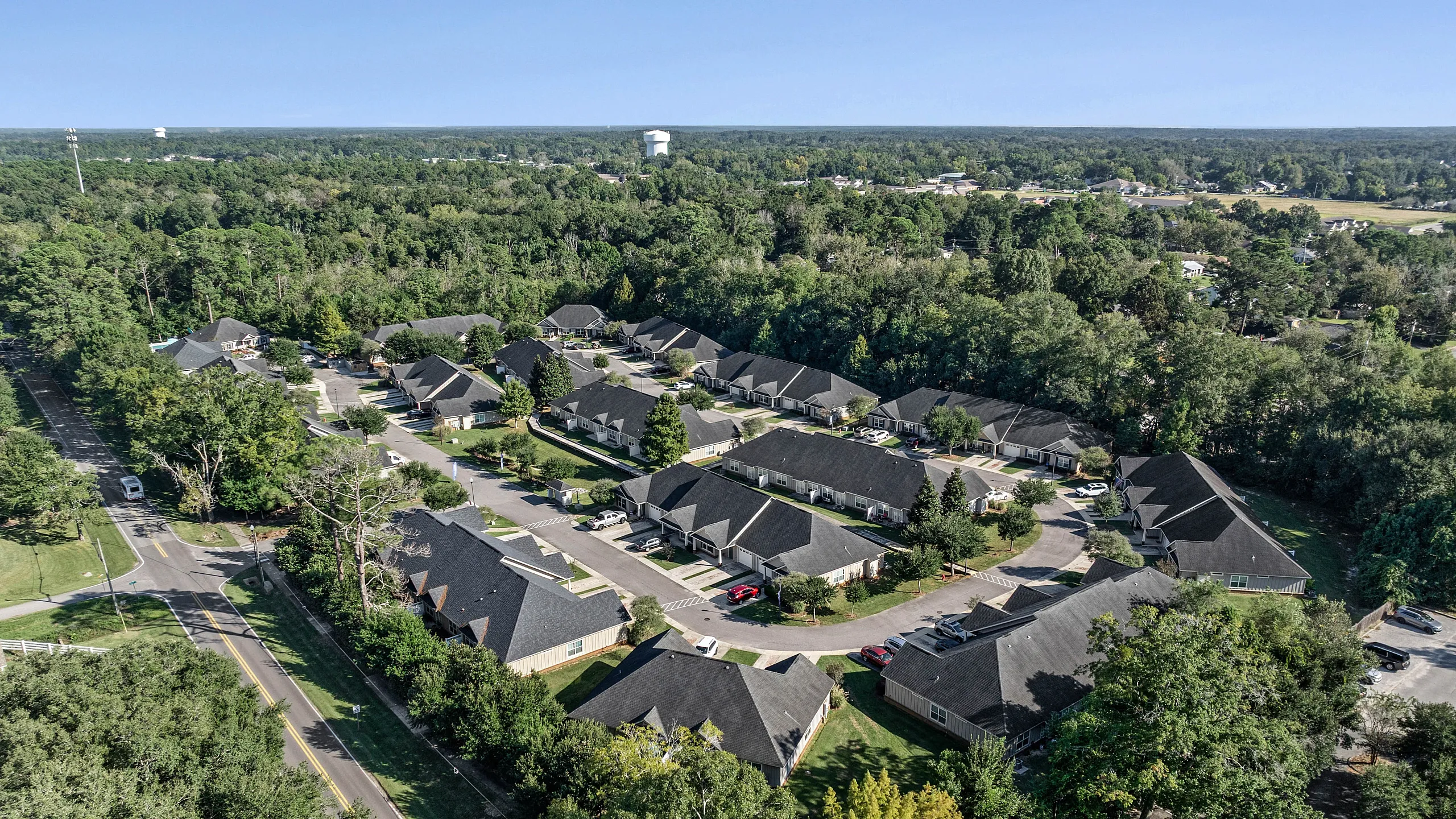 Charming suburban neighborhood aerial view with lush greenery and well-maintained homes, offering tranquil living amidst nature.