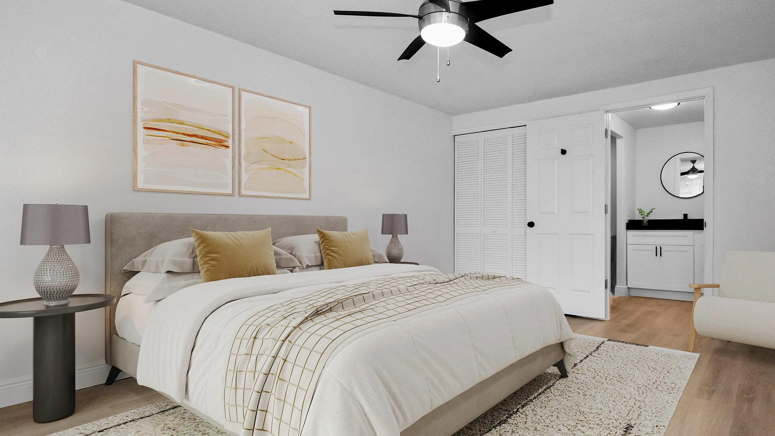 Inviting master bedroom with plush bedding, modern ceiling fan, and sleek en-suite bathroom.