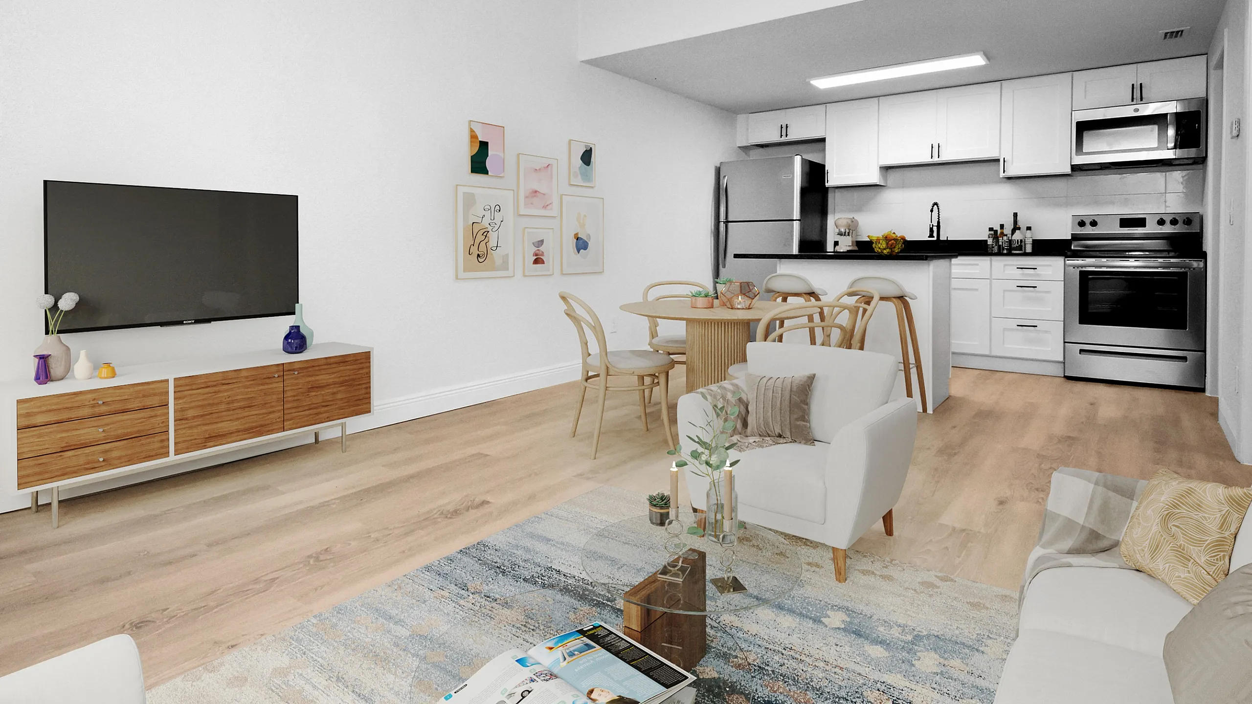 Chic open-plan living room with a cozy seating area, flat-screen TV, stylish kitchen with modern appliances, and an elegant dining space, perfect for entertaining.