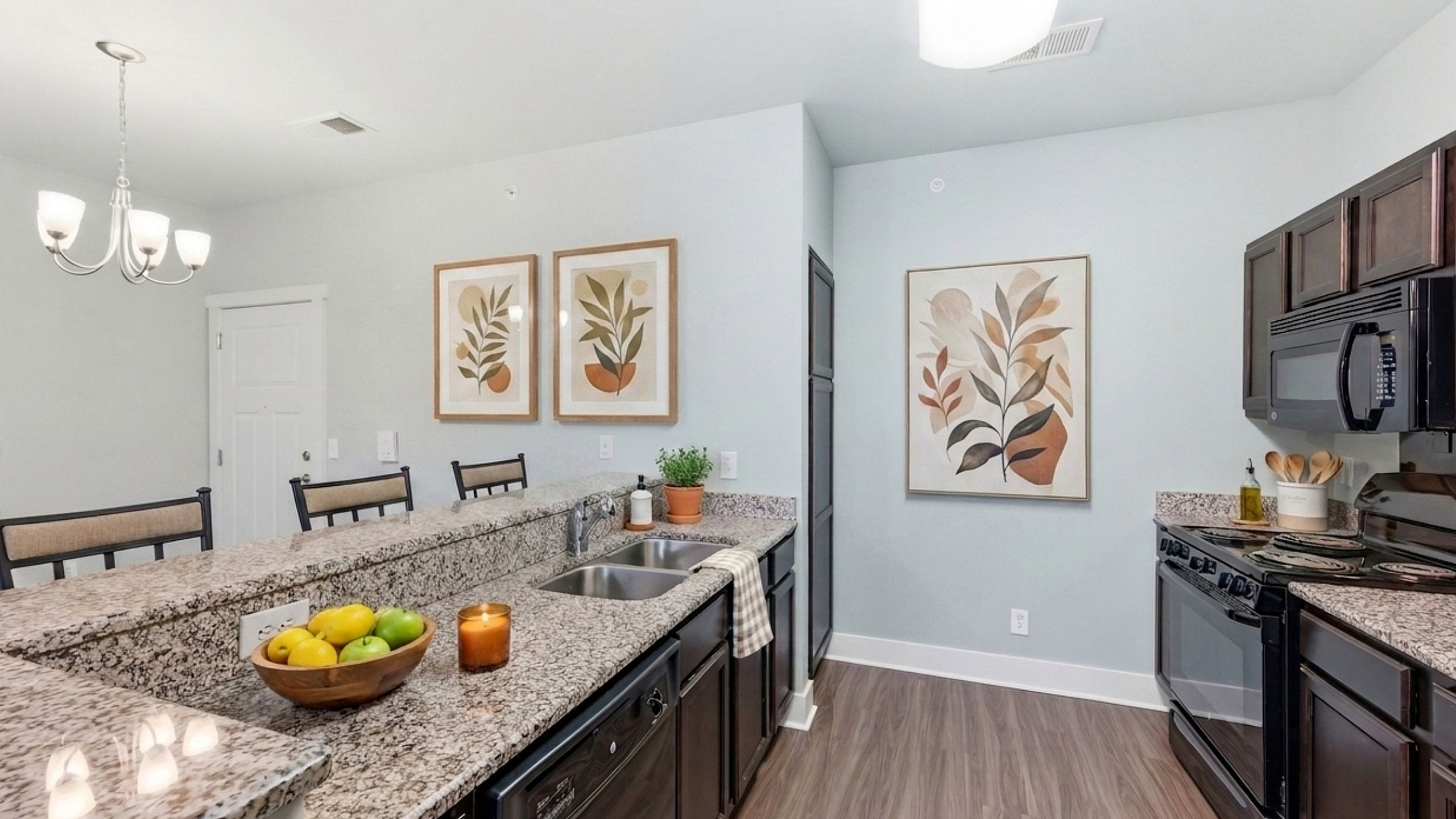 Modern kitchen with sleek granite countertops, vibrant wooden floors, and elegant lighting, enhanced by tasteful botanical wall art.