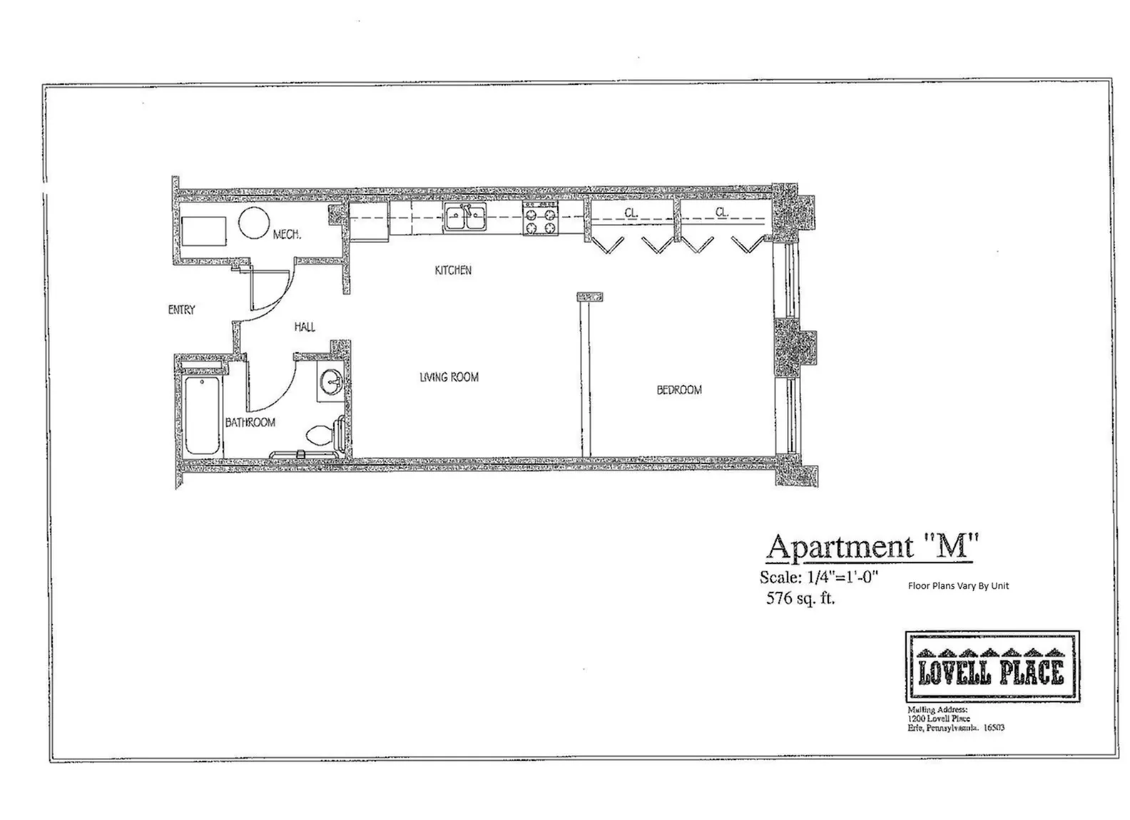 Floor plan of Apartment M at Lovell Place, featuring an open-concept kitchen and living room, one bedroom, and a bathroom, totaling 576 sq. ft.