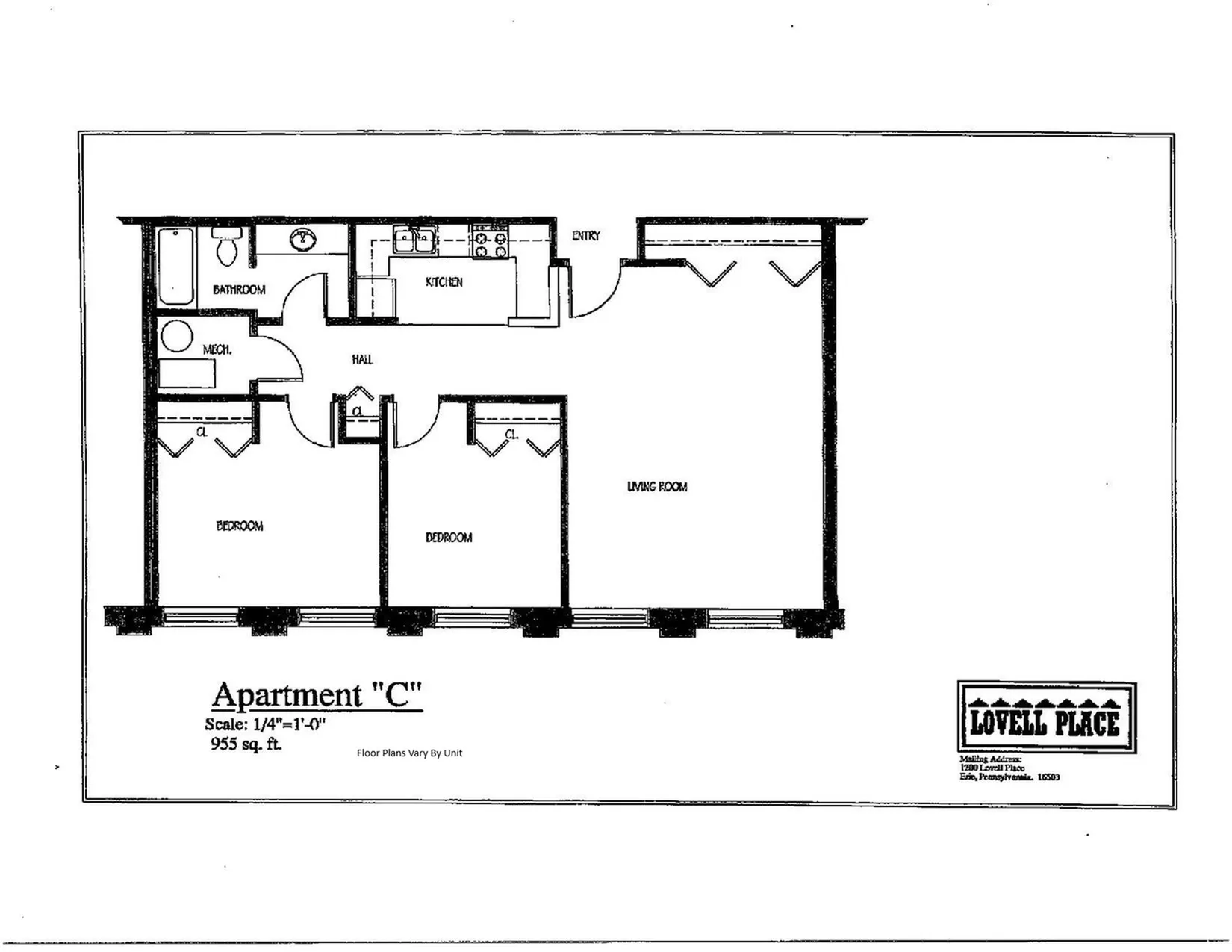 Floor plan of Lovell Place Apartment C with 2 bedrooms, kitchen, bathroom, and living room, 955 sq ft.