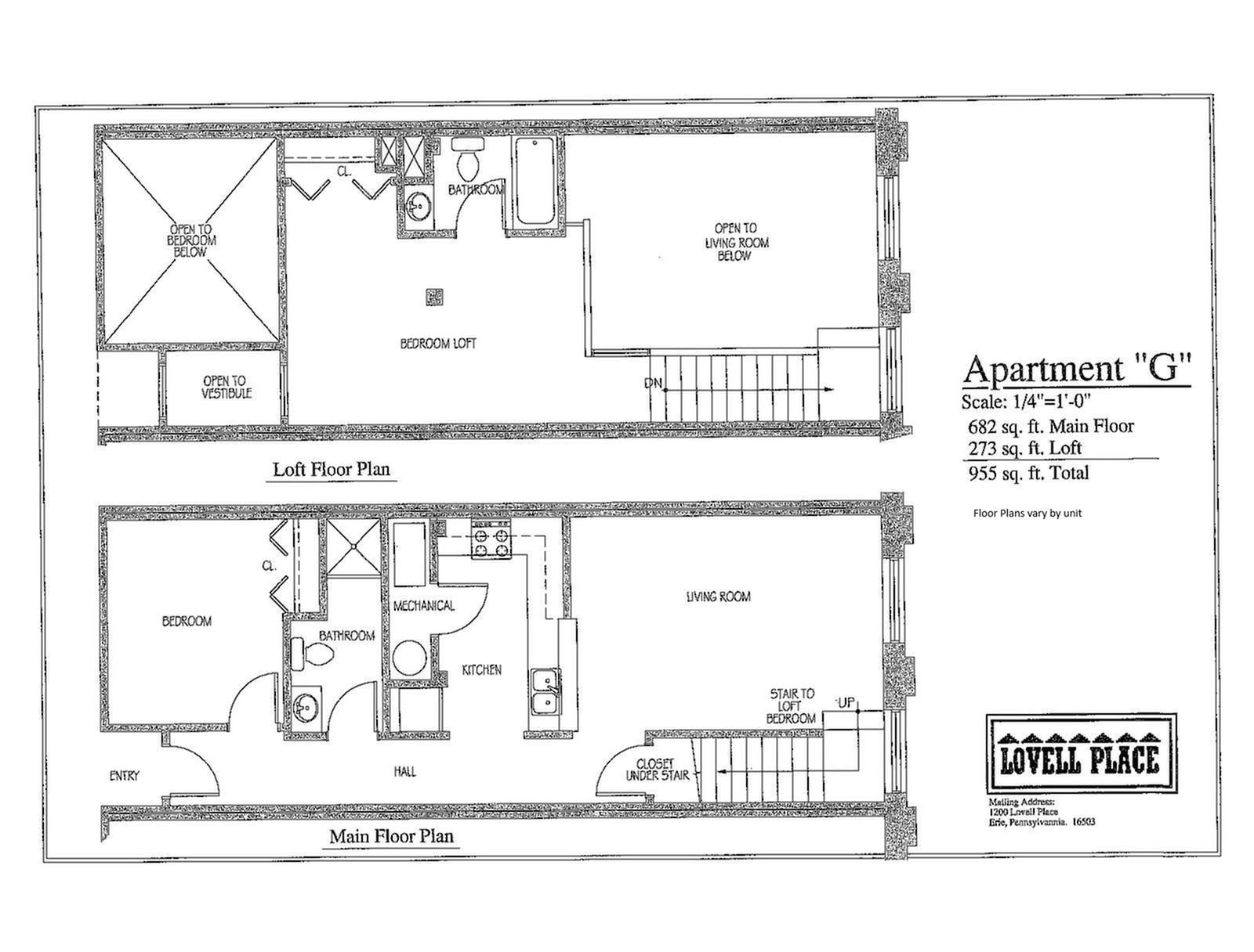 Floor plan of Apartment G with loft and main floor layouts, featuring 2 bedrooms, kitchen, living room, 955 sq. ft. total