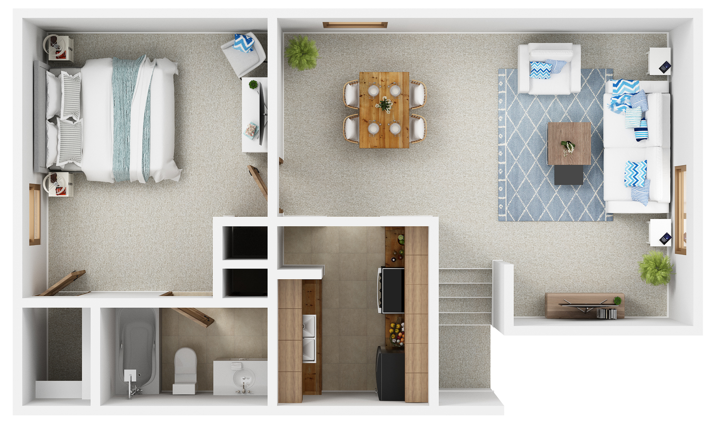 Charming floor plan featuring a spacious bedroom, cozy living room with plush seating, modern kitchen, and elegant dining area with stylish decor.