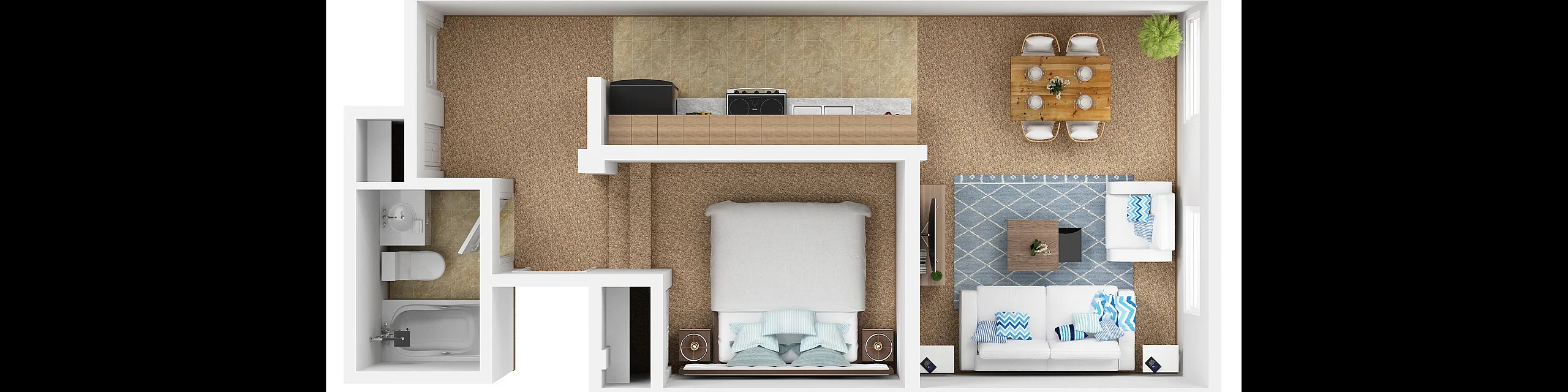 Charming 2D apartment layout featuring a cozy bedroom, modern kitchen with dining area, and inviting living room.