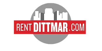 Modern logo featuring a city skyline silhouette with bold RentDittmar.com text on a dynamic red banner.