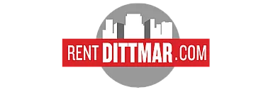 Modern RentDittmar.com logo with a city skyline silhouette in white against a gray circle and a bold red banner featuring the website name.