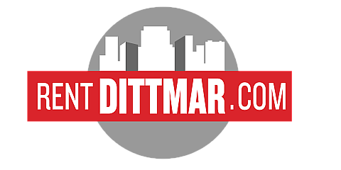 Modern logo design featuring a city skyline with bold red and white branding for Rent Dittmar, exuding a sense of urban sophistication and reliability.