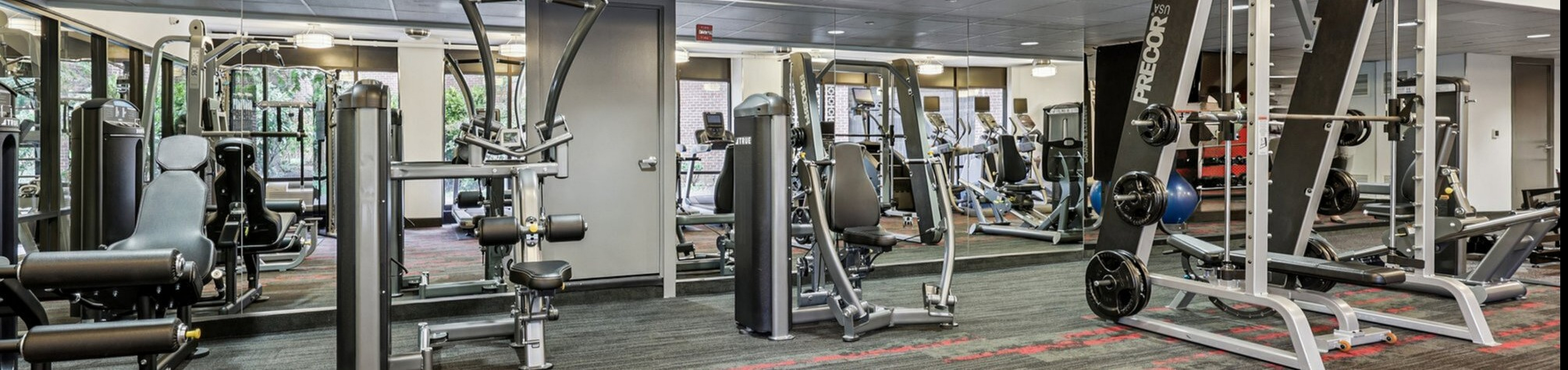 Modern fitness center with state-of-the-art exercise machines, vibrant flooring, and ample natural light.