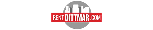 Modern logo featuring a city skyline silhouette with 'RentDittmar.com' in bold red and white font, evoking urban living and easy rental solutions.