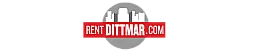 Dynamic Rent Dittmar logo featuring a modern city skyline in white against a gray circular backdrop, accented with a bold red banner.