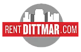 Dynamic logo featuring a city skyline silhouette above a bold red banner with 'Rent Dittmar.com' text, embodying urban living and modern rentals.