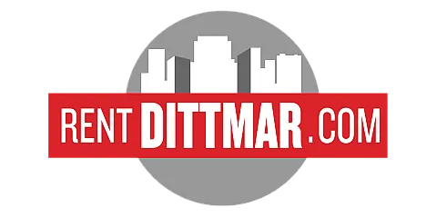 Modern RentDittmar.com logo with city skyline silhouette, encapsulated in grey circle for urban rental appeal.