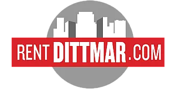Modern Rent Dittmar logo with bold red and white color scheme featuring a city skyline silhouette.
