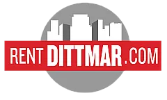 Modern Rent Dittmar logo featuring a stylized city skyline in a circular design with bold red branding.