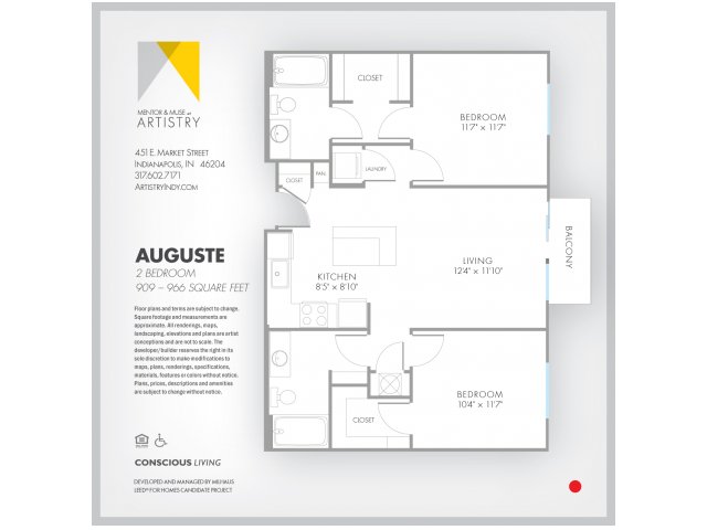 2 Bedroom Floor Plan | Apartment Rental Indianapolis | Artistry