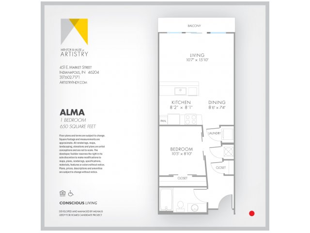 1 Bedroom Floor Plan | Indianapolis Apartments | Artistry