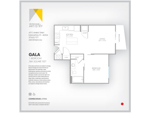 1 Bedroom Floor Plan | Indianapolis Apartments | Artistry