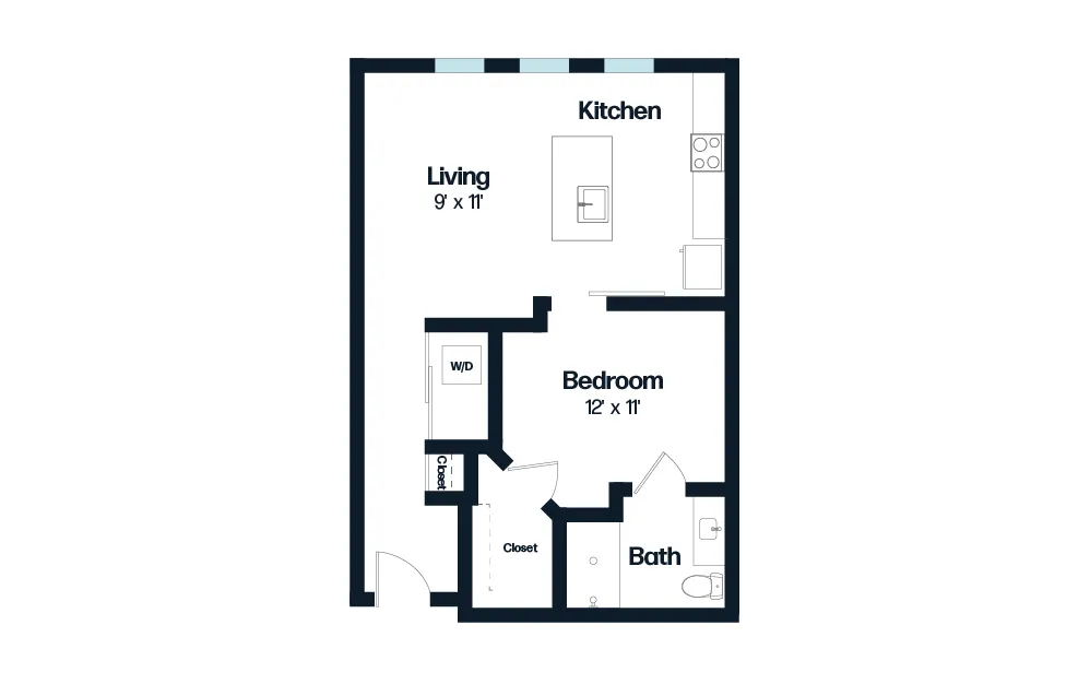 Modern floor plan showcasing a spacious 1-bedroom apartment with open-concept living room, sleek kitchen, full bathroom, and convenient in-unit laundry.